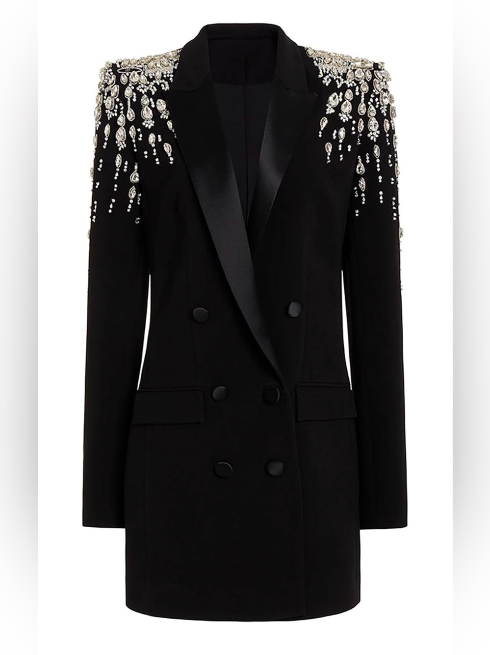 Women’s Rhinestone Blazer Dress Jacket Double Breasted Satin Collar Luxury